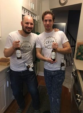 Radovan and Yaakov Fox holding CELIA beer bottles